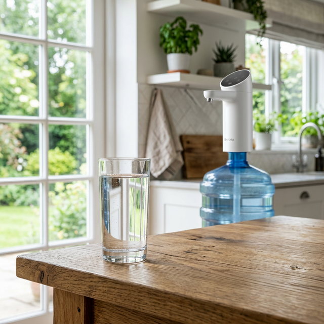 Стакан чистой воды на деревянном столе с помпой на фоне