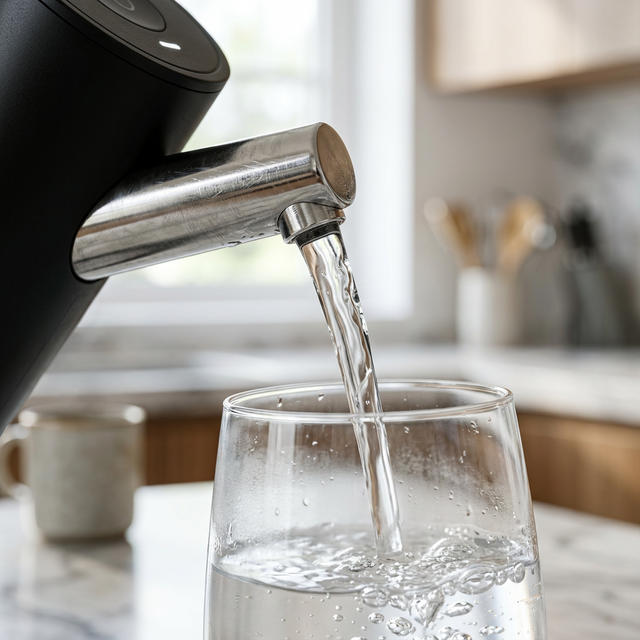 Чистая питьевая вода льется из стального носика помпы