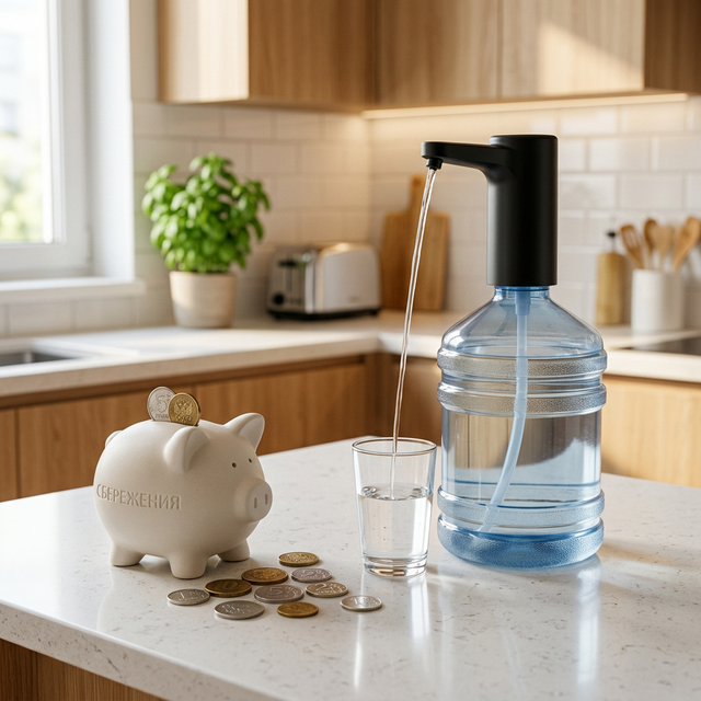 Экономия с электрической помпой: копилка и монеты рядом с компактной помпой FORTBERG